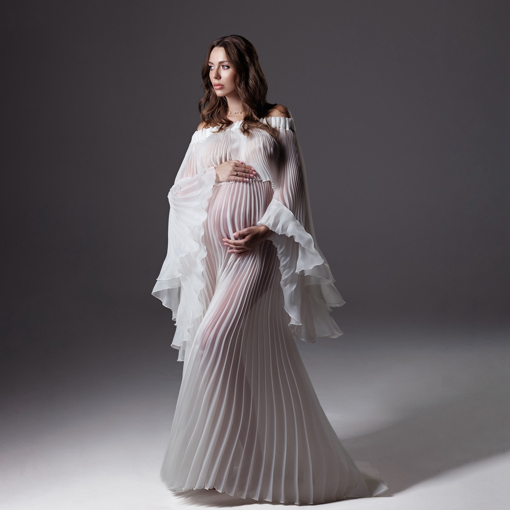 Maternity Wear - Pleated Maternity Photography Dresses White Mesh